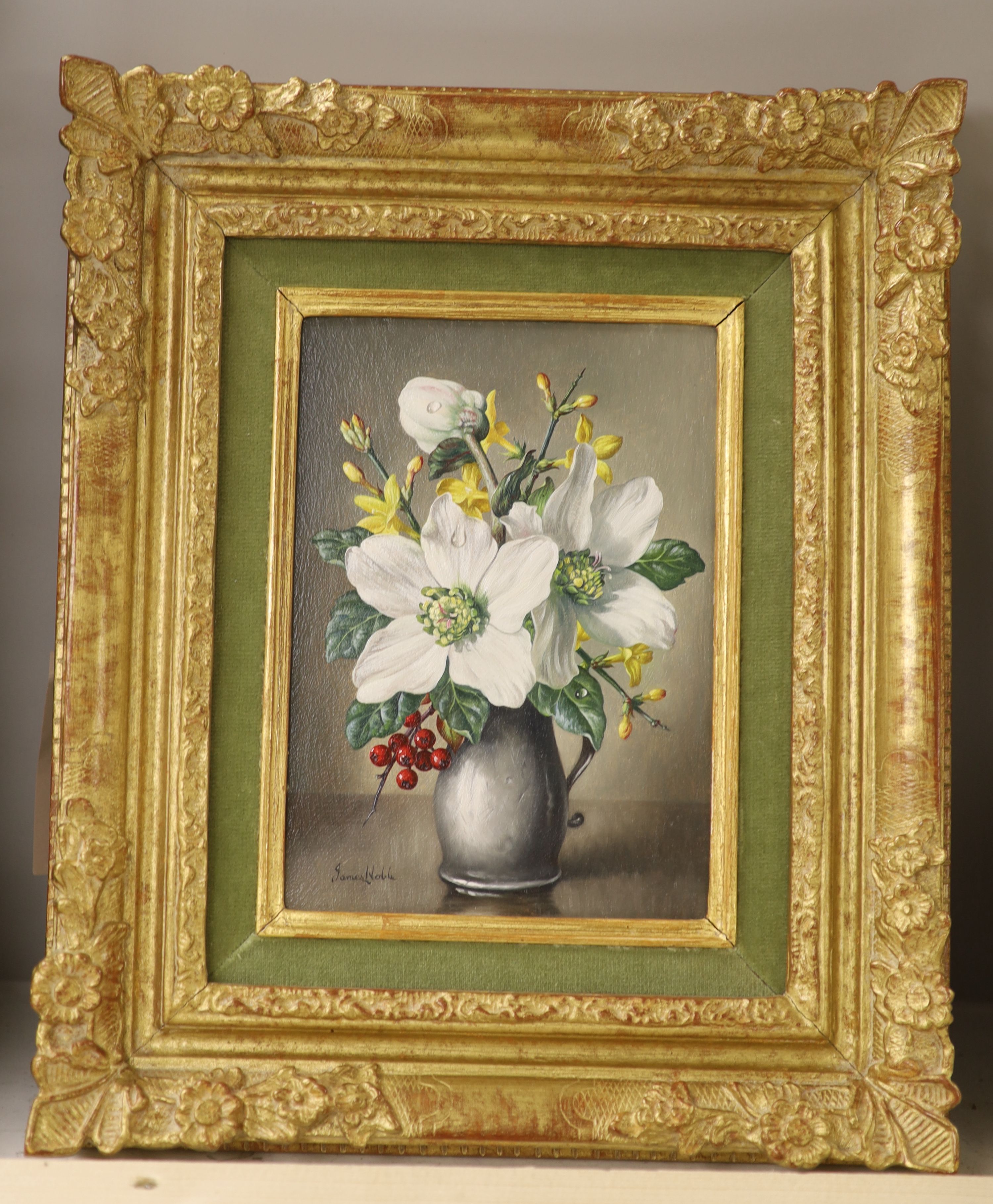 James Noble (1919-1989), oil on panel, 'Christmas Roses, Winter Jasmine and Pyracantha Berries', signed, carved gilt frame with velvet slip, 17.5 x 12cm